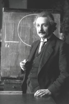 Book cover for Albert Einstein Standing in front of Blackboard - Black and White Picture - Blank Lined Notebook