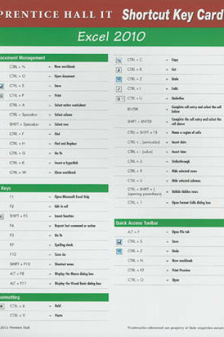 Cover of Prentice Hall Excel 2010 Shortcut Card