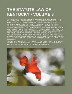 Book cover for The Statute Law of Kentucky (Volume 3); With Notes, Pra Lections, and Observations on the Public Acts. Comprehending Also, the Laws of Virginia and Acts of Parliament in Force in This Commonwealth the Charter of Virginia, the Federal and State Constitutio