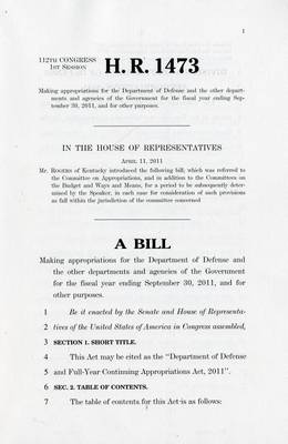 Cover of H.R. 1473, Making Appropriations for the Department of Defense and the Other Departments and Agencies of the Government for the Fiscal Year Ending September 30, 2011, and for Other Purposes