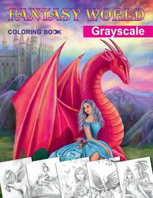 Book cover for Fantasy World. Grayscale coloring book