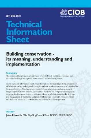 Cover of Building Conservation - its meaning, understanding and implementation