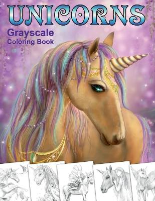 Book cover for Unicorns. Grayscale Coloring Book