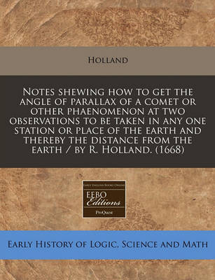 Book cover for Notes Shewing How to Get the Angle of Parallax of a Comet or Other Phaenomenon at Two Observations to Be Taken in Any One Station or Place of the Earth and Thereby the Distance from the Earth / By R. Holland. (1668)