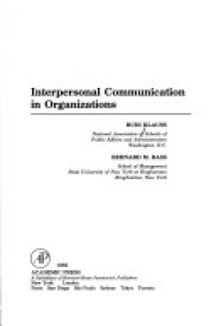 Cover of Interpersonal Communication in Organizations
