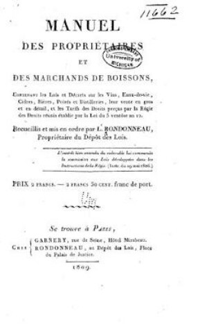 Cover of Manuel des propriétaires et des marchands de boissons