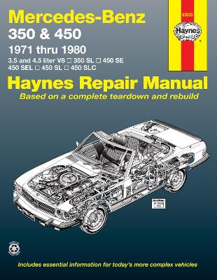 Book cover for Mercedes-Benz 350 & 450 covering 350 SL Roadster, 450 SL/SLC Coupe & Roadster, 450 SE/SEL V8 Sedan (1971-1980) Haynes Repair Manual (USA)