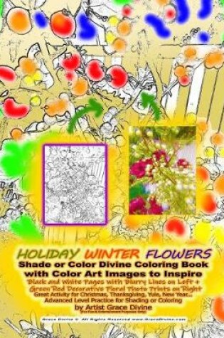 Cover of HOLIDAY WINTER FLOWERS Shade or Color Divine Coloring Book with Color Art Images to Inspire Black and White Pages with Blurry Lines on Left + Green Red Decorative Floral Photo Prints on Right Great Activity for Christmas, Thanksgiving