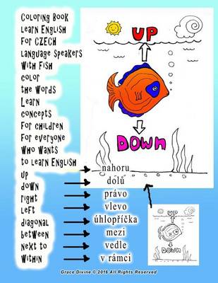 Book cover for Coloring Book Learn English for Czech Language Speakers with Fish Color the Words Learn Concepts for Children for Everyone Who Wants to Learn English Up Down Right Left Diagonal Between Next to Within