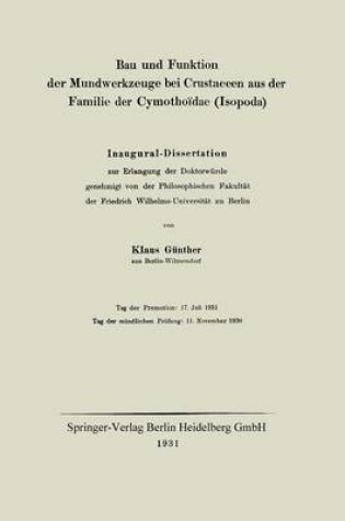 Cover of Bau und Funktion der Mundwerkzeuge bei Crustaceen aus der Familie der Cymothoïdae (Isopoda)