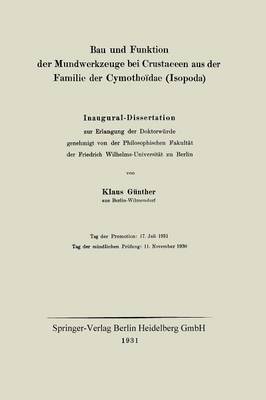 Book cover for Bau und Funktion der Mundwerkzeuge bei Crustaceen aus der Familie der Cymothoïdae (Isopoda)