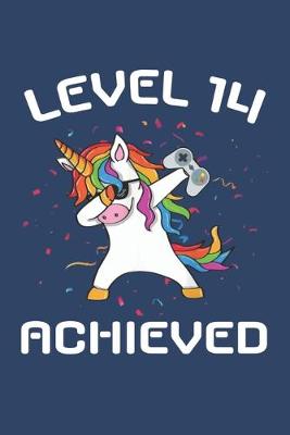 Book cover for Level 14 achieved Notebook, funny dabbing unicorn Gamer birthday gift blank lined journal