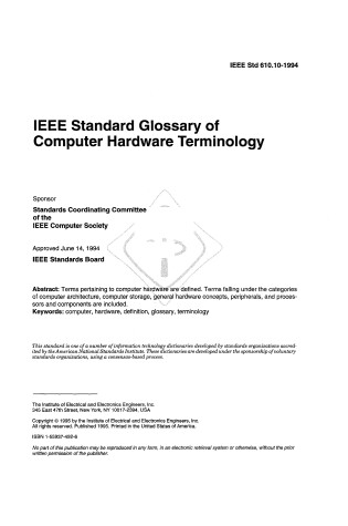 Cover of IEEE Standard Glossary of Computer Hardware Terminology