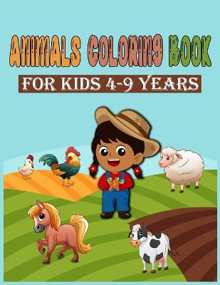 Book cover for animals coloring book for kids 4-9 years