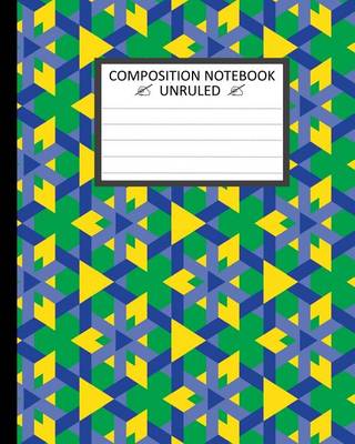 Book cover for Unruled Composition Notebook 8 x 10. Yellow Triangles on Blue and Green Pattern.