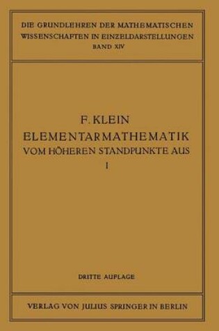 Cover of Elementarmathematik Vom Hoheren Standpunkte Aus