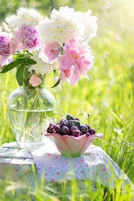 Book cover for Cherries and Pink Peony Flowers in the Garden