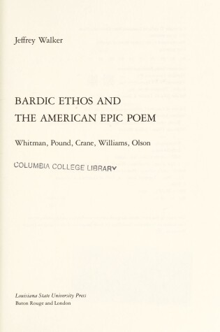 Cover of Bardic Ethos and the American Epic Poem