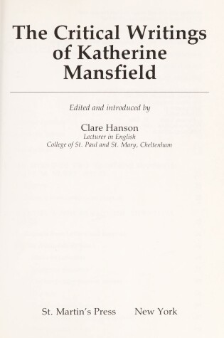 Cover of The Critical Writings of Katherine Mansfield