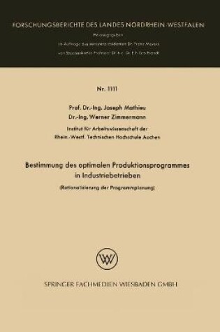 Cover of Bestimmung des optimalen Produktionsprogrammes in Industriebetrieben