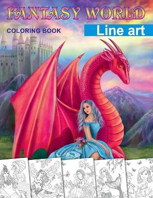 Book cover for Fantasy World. Line art coloring book