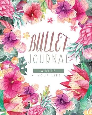Book cover for Bullet Journal and Quarterly Planner with Blank Yearly & Monthly Calendar Has Habit Tracker, Size 8x10 150 Page 120 Dot Grid & 15 Lined Pages, Pink and Blue Violet Flora in Tropical Rain Forest