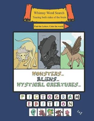 Book cover for Whimsy Word Search, Monsters, Aliens, and Mystical Creatures, Coloring Book