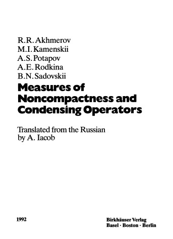 Book cover for Measures of Noncompactness and Condensing Operators