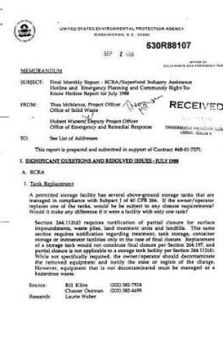 Cover of Rcra-superfund Industry Assistance Hotline and Emergency Planning and Community Right-to-know Hotline Report For July 1988