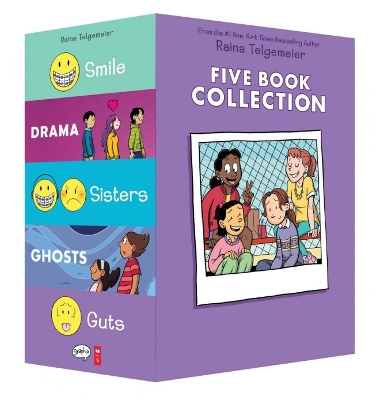 Book cover for Raina Telgemeier Five Book Collection: Smile, Drama, Sisters, Ghosts, Guts
