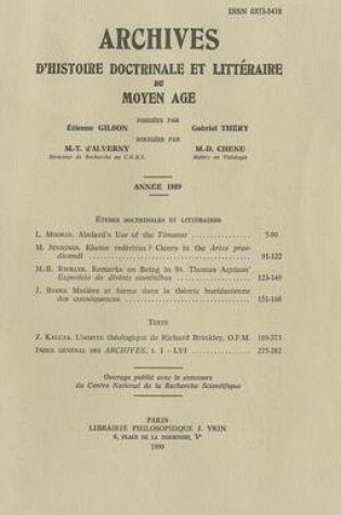 Cover of Archives d'Histoire Litteraire Et Doctrinale Du Moyen-Age LVI - 1989