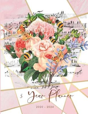 Book cover for 2020-2024 Five Year Planner Monthly Calendar Floral Music Goals Agenda Schedule Organizer