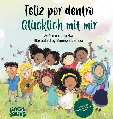 Book cover for Feliz por dentro/ Glücklich mit mir (bilingual children's book Portuguese German)