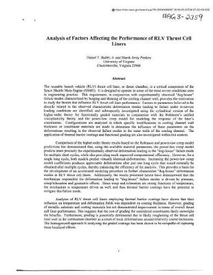 Book cover for Analysis of Factors Affecting the Performance of Rlv Thrust Cell Liners