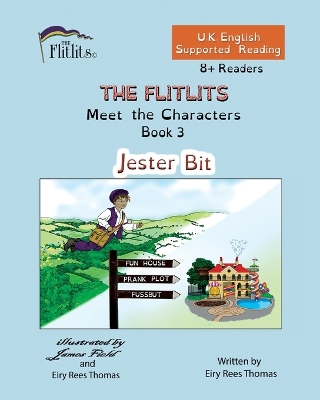 Book cover for THE FLITLITS, Meet the Characters, Book 3, Jester Bit, 8+Readers, U.K. English, Supported Reading