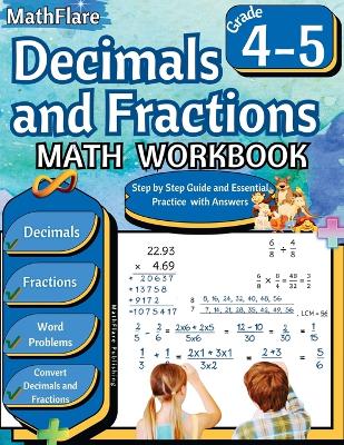 Book cover for Decimals and Fractions Math Workbook 4th and 5th Grade