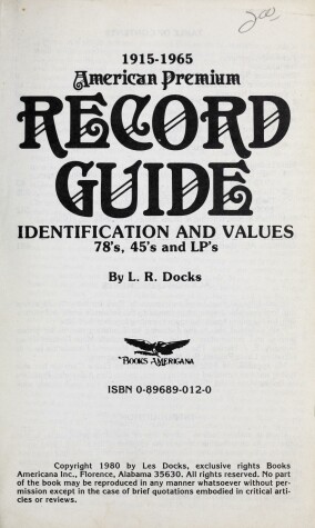 Book cover for 1915-1965 American Premium Record Guide