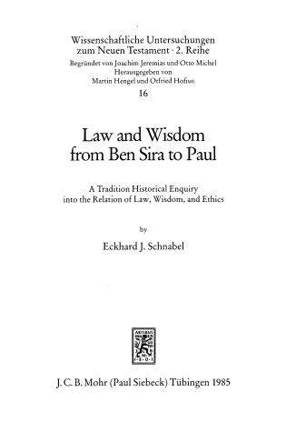 Cover of Law and Wisdom from Ben Sira to Paul