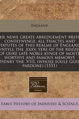 Cover of The Newe Greate Abredgement Brefly Conteynynge, All Thactes and Statutes of This Realme of England, Vntyll the .XXXV. Yere of the Reigne of Oure Late Noble Kynge of Moste Worthye and Famous Memorye Henry the .VIII. (Whose Soule God Pardone) (1551)