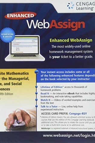 Cover of Webassign Printed Access Card for Tan's Finite Mathematics for the Managerial, Life, and Social Sciences, 12th Edition, Single-Term
