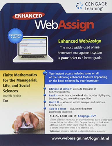 Book cover for Webassign Printed Access Card for Tan's Finite Mathematics for the Managerial, Life, and Social Sciences, 12th Edition, Single-Term
