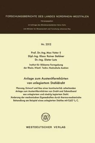 Cover of Anlage Zum Austenitformharten Von Unlegiertem Stahldraht