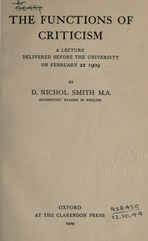 Book cover for The Functions of Criticism